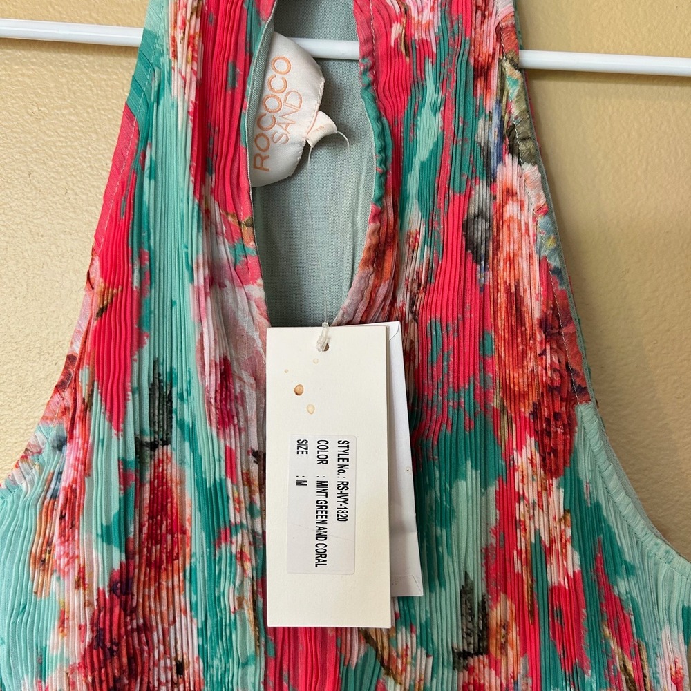 Rococo Sand Mint Green Coral Floral Halter Smocked Pleated Mini Dress New Medium - Picture 4 of 5